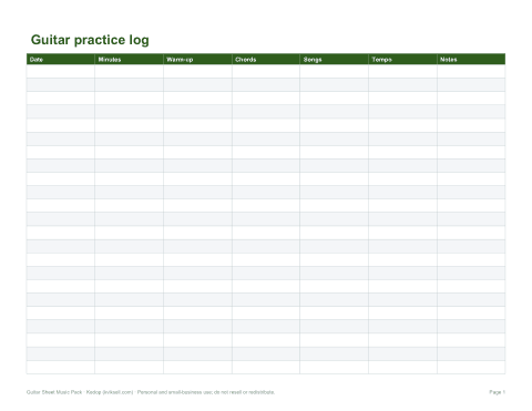 Preview of the first page of Practice log (XLSX)